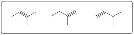 Structures of three alkynes with the formula C5H8 for naming practice.