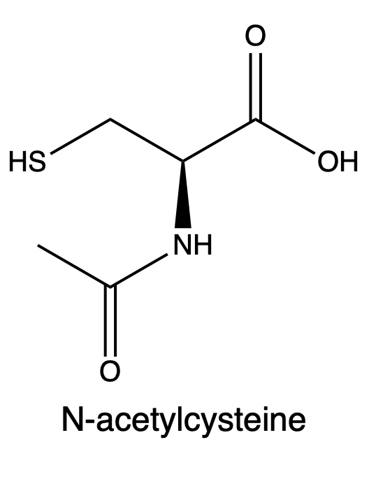 Chemical structure of N-acetylcysteine (NAC) for amide hydrolysis topic.