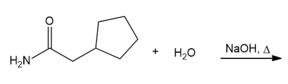 Amide hydrolysis reaction showing reactants and NaOH catalyst.