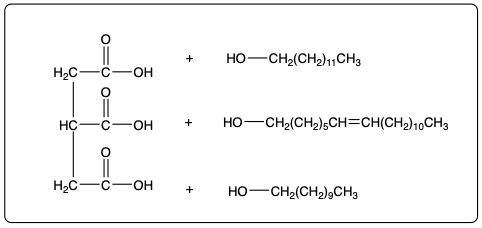 Chemical structure showing reactants for fat saponification with hydroxyl groups.