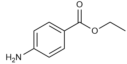 Chemical structure of benzocaine, a local anesthetic used in clinical settings.