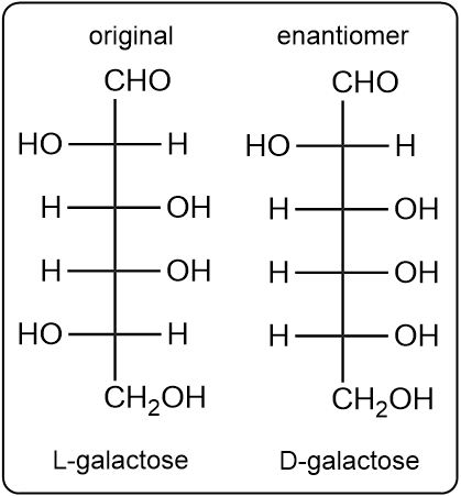 Comparison of L-galactose and its enantiomer D-galactose with labels.