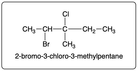 Condensed structural formula and IUPAC name for 2-bromo-3-chloro-3-methylpentane.