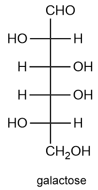 Structural formula of galactose labeled as original sugar.