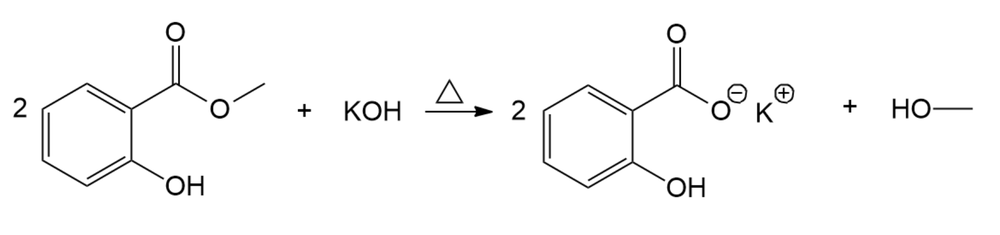 Chemical equation for saponification of methyl salicylate with KOH.