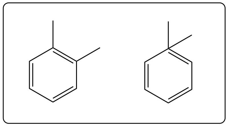 Line-angle structures of two xylene isomers with methyl groups on a benzene ring.