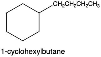 Chemical structure of 1-cyclohexylbutane, incorrectly named in organic chemistry.