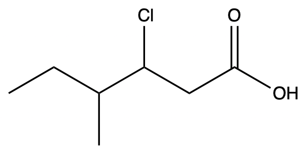 Line-angle formula for 3-chloro-4-methylhexanoic acid, highlighting chlorine and carboxylic acid groups.