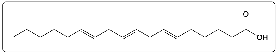 Structural formula of linolenic acid showing cis double bonds and three double bonds.