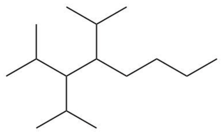 Line drawing of a branched alkane showing 4-tert-butyl, 3-isopropyl, and 2-methyloctane substituents.