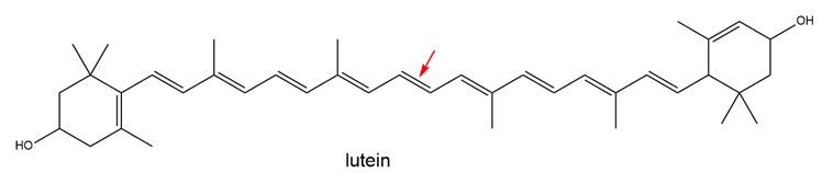 Chemical structure of lutein with a marked double bond for cis or trans identification.