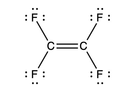 Lewis structure of tetrafluoroethene showing double bond between two carbon atoms and four fluorine atoms.