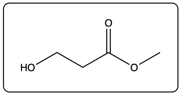 Chemical structure of methyl 3-hydroxybutanoate with hydroxyl and ester functional groups.