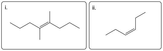 Structures of trans-4,5-dimethyloct-4-ene and trans-hex-3-ene for naming alkenes.