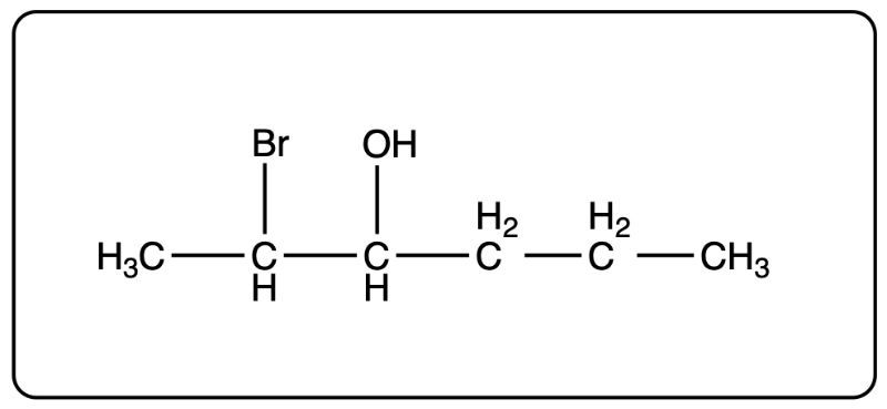 Condensed structural formula of 2-bromo-3-hexanone with Br and OH groups.