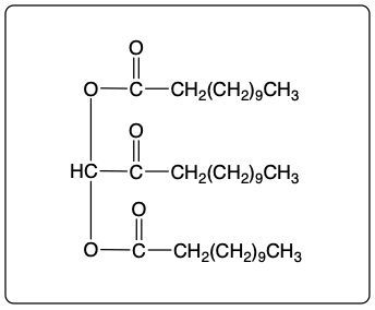 Triester structure of glycerol and lauric acid with distinct ester connections.