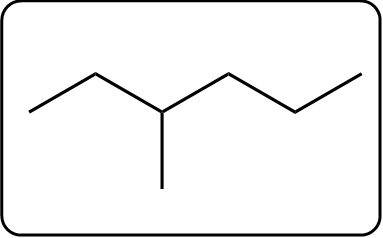 Skeletal structure of a branched organic molecule with a central carbon atom.