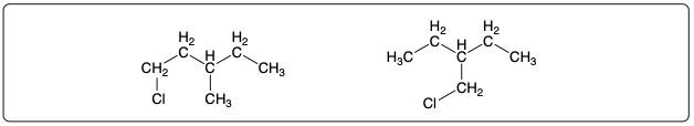 Structural representations of monochlorinated products from 3-methylpentane with Cl2.
