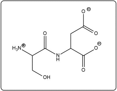 Skeletal formula of the peptide Thr—Asp, showing amino acid structures.