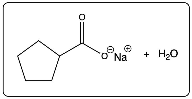 Reaction of cyclopentanecarboxylic acid with NaOH producing a sodium salt and water.