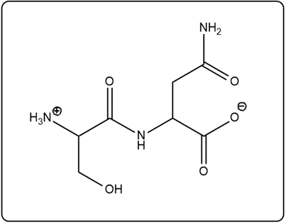 Skeletal formula of the peptide Thr—Asp, showing amino acid structures.