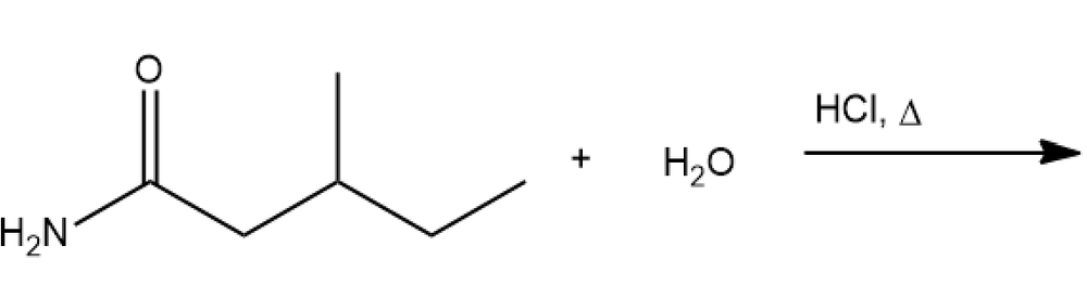 Chemical reaction showing amide hydrolysis with water and HCl.