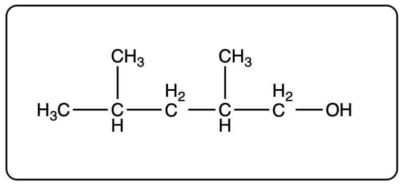 Line-angle structure of 4-methyl-2-hexanol showing carbon and hydroxyl groups.