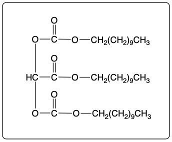 Triester structure with additional ester bonds from glycerol and lauric acid.