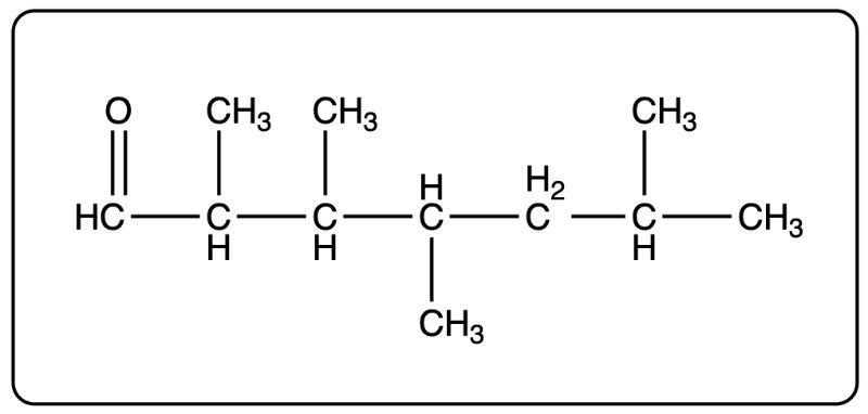 Another representation of 2,2,3-trimethylheptanal's structure.