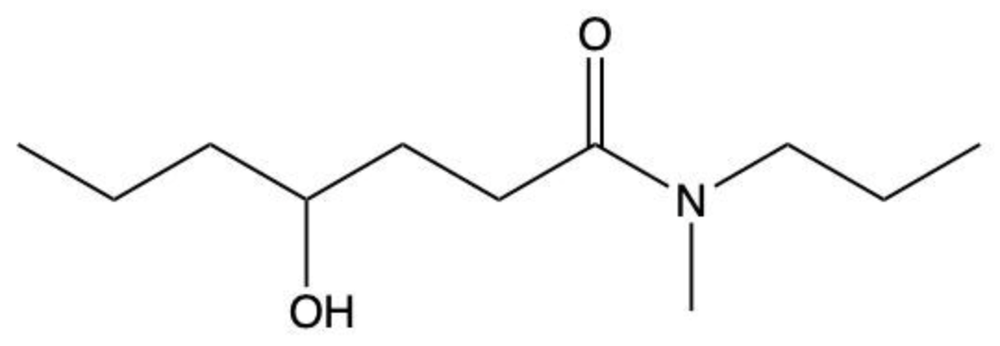 Structural formula of 4-hydroxy-N-methyl-N-propylheptanamide showing hydroxyl and amide functional groups.