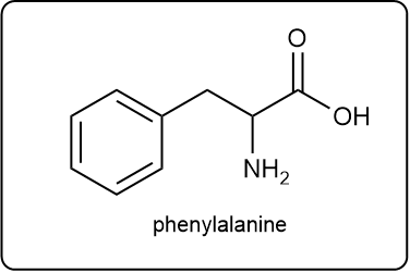 Structure of phenylalanine, represented by the code 'Phe'.