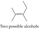 Diagram showing two possible alcohol structures that can dehydrate to form a specific alkene.