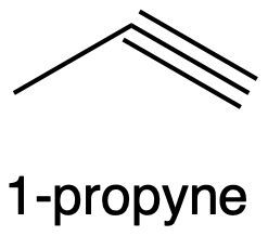 Structure of 1-propyne, an alkyne with a triple bond at the first carbon.