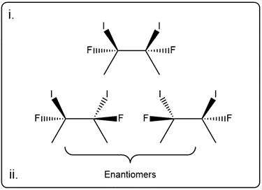 Stereoisomers of 2,3-difluoro-2,3-diiodobutane showing enantiomers.