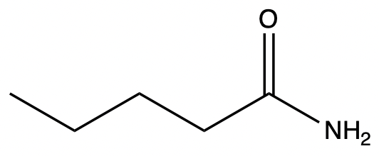 Structure of pentanamide with a carbonyl group (C=O) and NH2 group.