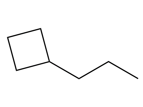 Skeletal structure of propylcyclobutane with a rectangular cyclobutane ring.