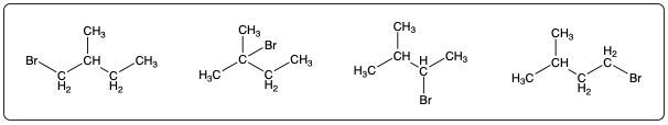 Condensed structural formulas of isopentane halogenation products with one bromine atom.