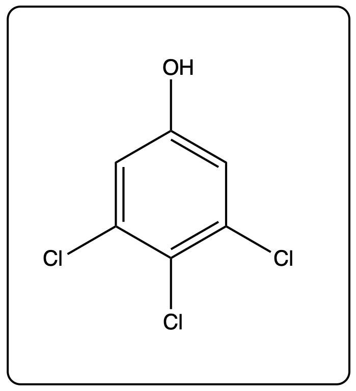 Line-angle structure of 2,3,4-trichlorophenol with hydroxyl and chlorine groups.