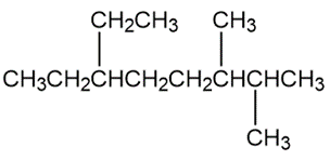 Chemical structure of 3-ethyl-6,7-dimethyloctane for naming alkanes exercise.