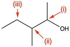 Structural representation of an alcohol with chiral centers labeled (i), (ii), and (iii).