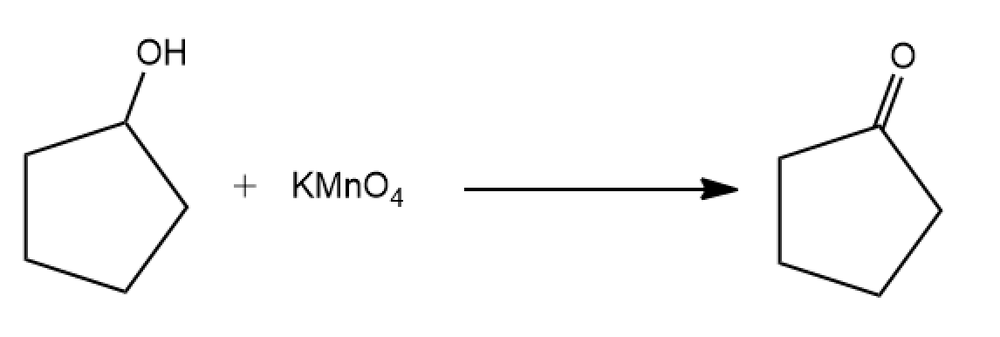 Chemical reaction showing oxidation of a cyclic alcohol with KMnO4.