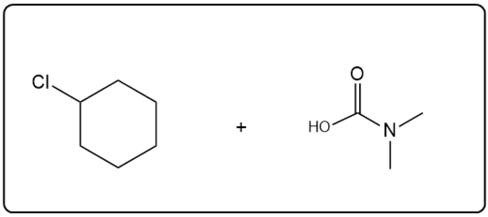 Reaction showing the formation of a carboxylic acid and an amine from a chlorinated compound.