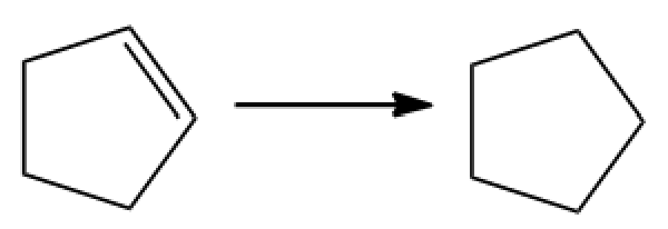 Chemical reaction diagram showing a transformation from one organic compound to another.