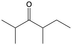 Chemical structure of 2,4-dimethyl-3-pentanone, showing carbon and oxygen atoms.