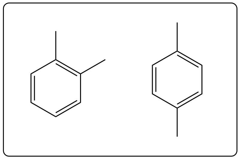 Line-angle structures of two xylene isomers showing methyl group arrangements on a benzene ring.