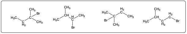 Condensed structural formulas of isopentane halogenation products with one bromine atom.