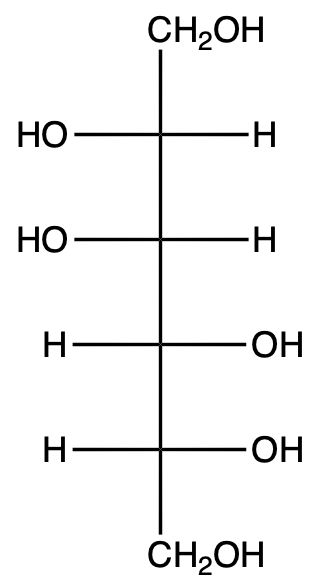 Structural formula of mannitol, a sugar alcohol derived from D-mannose.