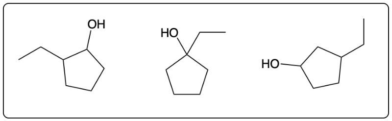 Three cyclic C7H14O alcohol isomers with ethyl group and cyclopentane ring.