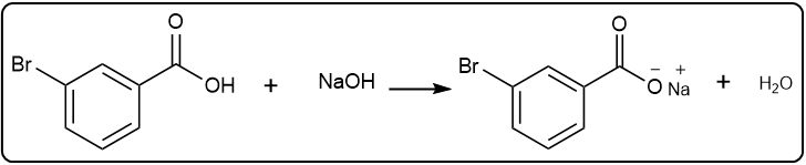 Chemical equation showing 4-bromobenzoic acid reacting with NaOH to form a salt and water.