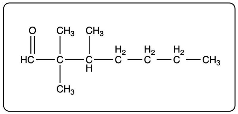 Line-angle formula of 2,2,3-trimethylheptanal in cyclic form.